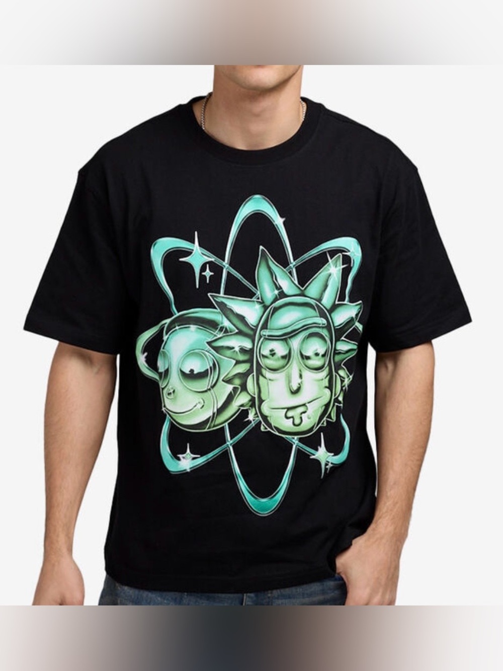 RICK & MORTY Men’sBlack Graphic T-Green Space Print Cartoon Faces LARGE NWOT